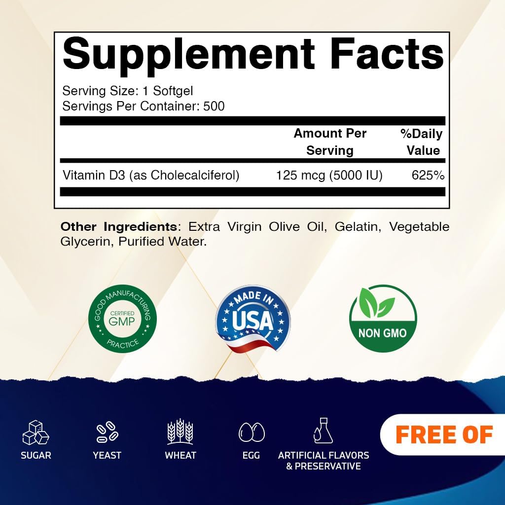 Vitamatic Vitamina D3 5000 UI con Aceite de Oliva – 500 Cápsulas Blandas Mini