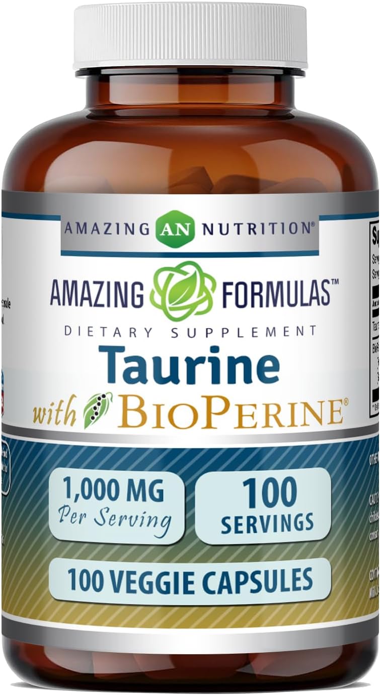 Amazing Formulas Taurine con Bioperine 1000 mg | Cápsulas Vegetales | No Transgénico | Sin Gluten | 100 Cápsulas