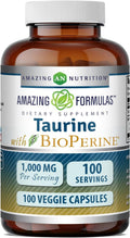 Amazing Formulas Taurine con Bioperine 1000 mg | Cápsulas Vegetales | No Transgénico | Sin Gluten | 100 Cápsulas