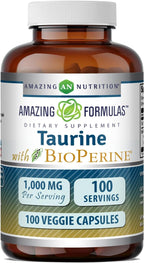 Amazing Formulas Taurine con Bioperine 1000 mg | Cápsulas Vegetales | No Transgénico | Sin Gluten | 100 Cápsulas