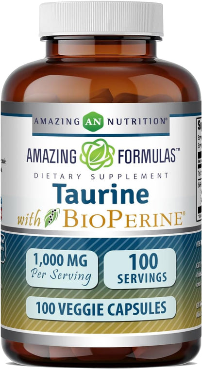 Amazing Formulas Taurine con Bioperine 1000 mg | Cápsulas Vegetales | No Transgénico | Sin Gluten | 100 Cápsulas – Image 1