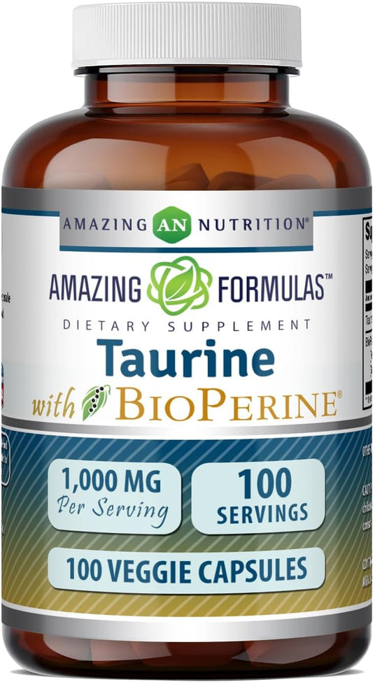 Amazing Formulas Taurine con Bioperine 1000 mg | Cápsulas Vegetales | No Transgénico | Sin Gluten | 100 Cápsulas