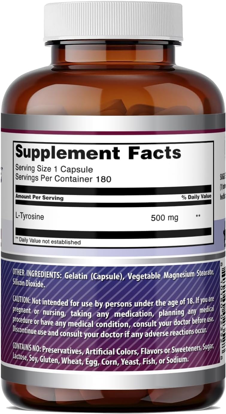 Amazing Formulas L-Tirosina 500 mg Cápsulas - Suplemento de Aminoácido (3 Envases | 180 Cápsulas)