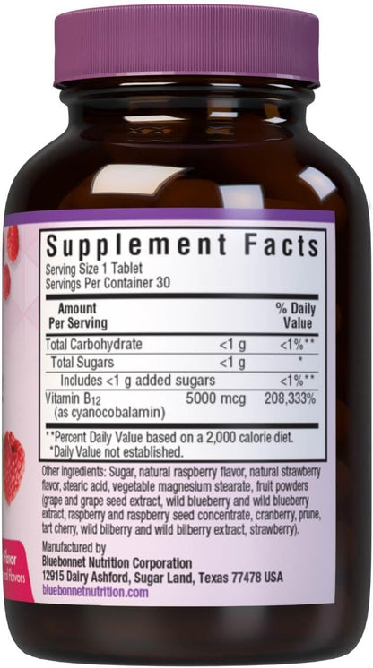 Bluebonnet Nutrition Earth Sweet Vitamina B12 5000 mcg Comprimidos Masticables, Sabor Frambuesa, 30 unidades – Image 2