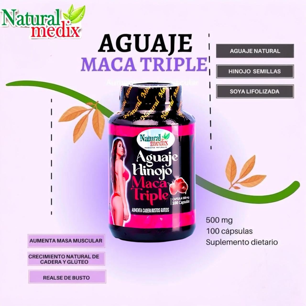 Natural medix Aguaje Hinojo Maca Triple (Maca Root Supplement) Premium 100 Cápsulas