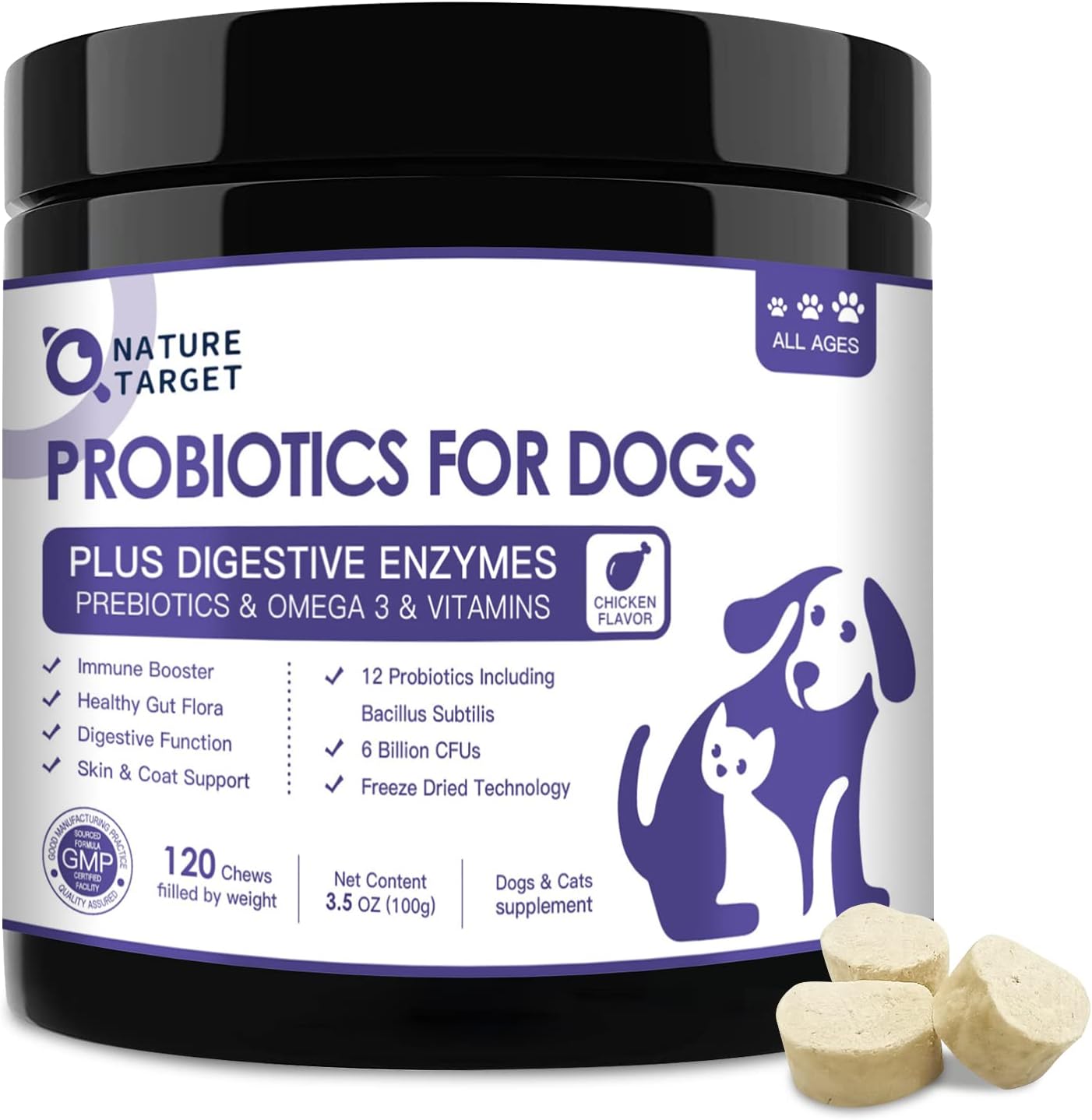 NATURE TARGET Probióticos para Perros, 6B UFC, Liofilizados, con Prebióticos y Enzimas, Omega 3, 120 Masticables