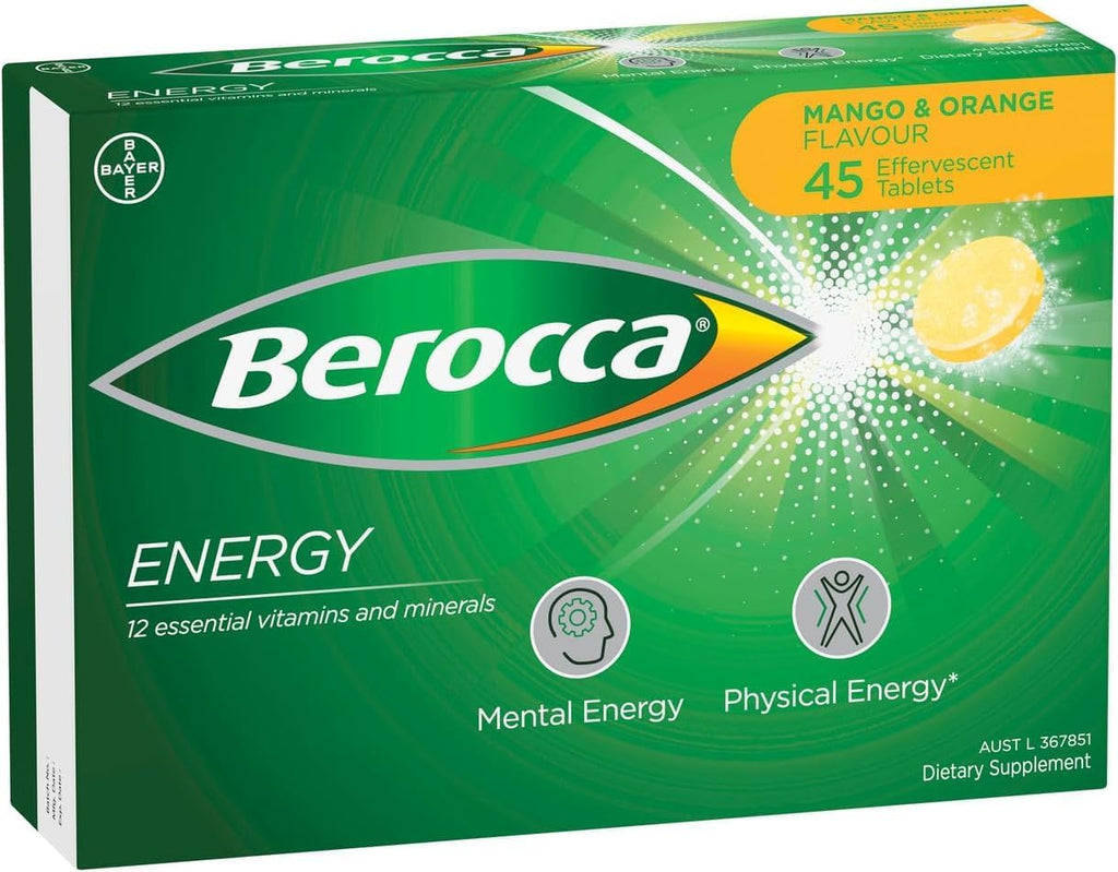 Berocca Energy Vitaminas B y C Sabor Mango y Naranja 45 Comprimidos Efervescentes