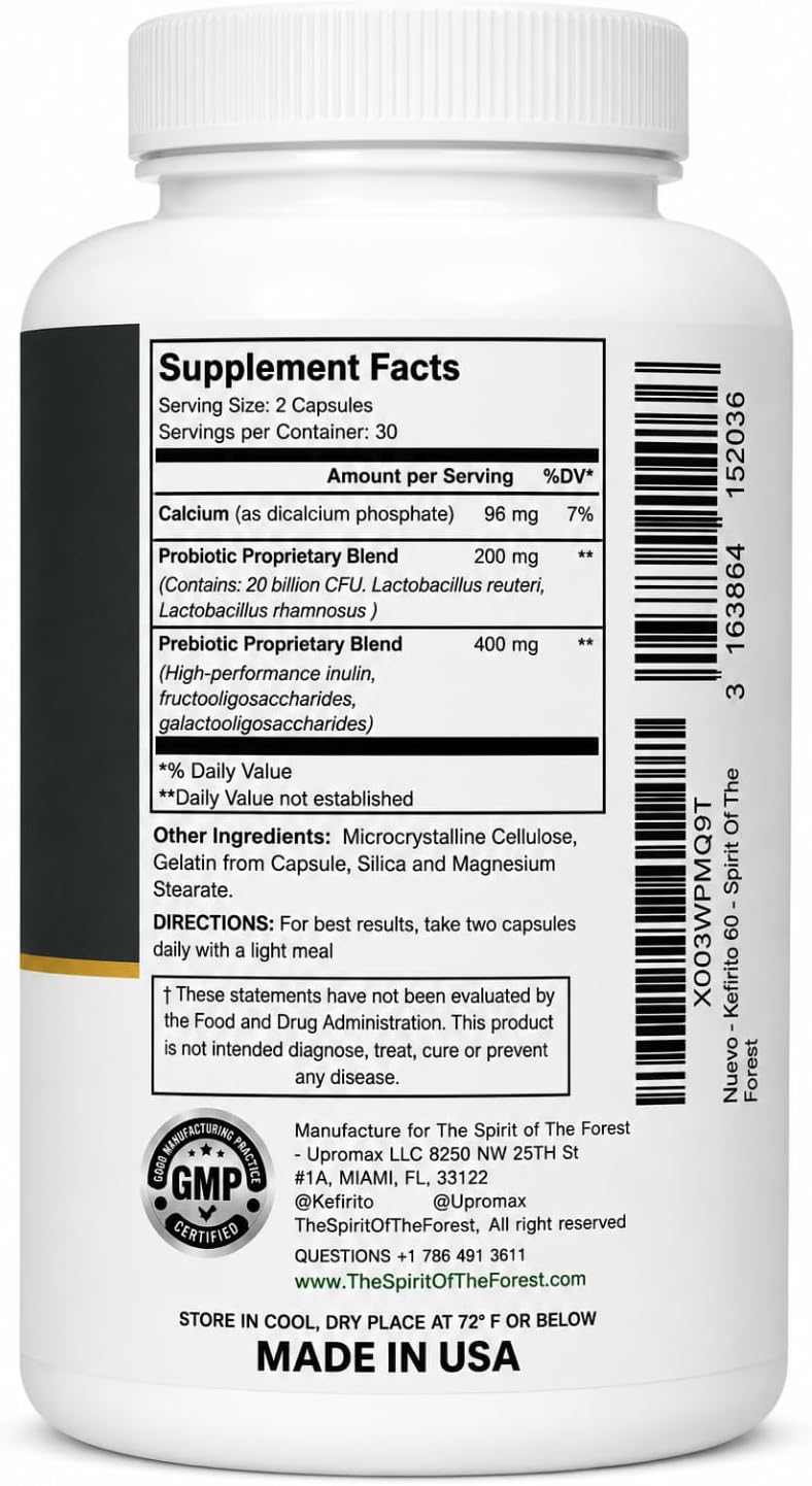 Kefirito Daily Symbiotic Formula – Suplemento Simbiótico Diario con Probióticos y Prebióticos, 60 Cápsulas