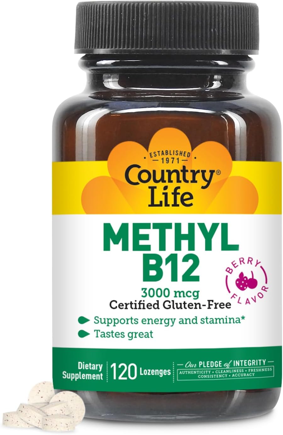 Country Life Metil B12, 3000 mcg Pastillas, Sabor a Bayas, 120 Pastillas Veganas