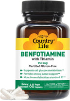 Country Life Benfotiamine with Thiamine, Nerve Health Support, 150mg, 60 Vegetarian Capsules, Certified Gluten-Free, Vegan