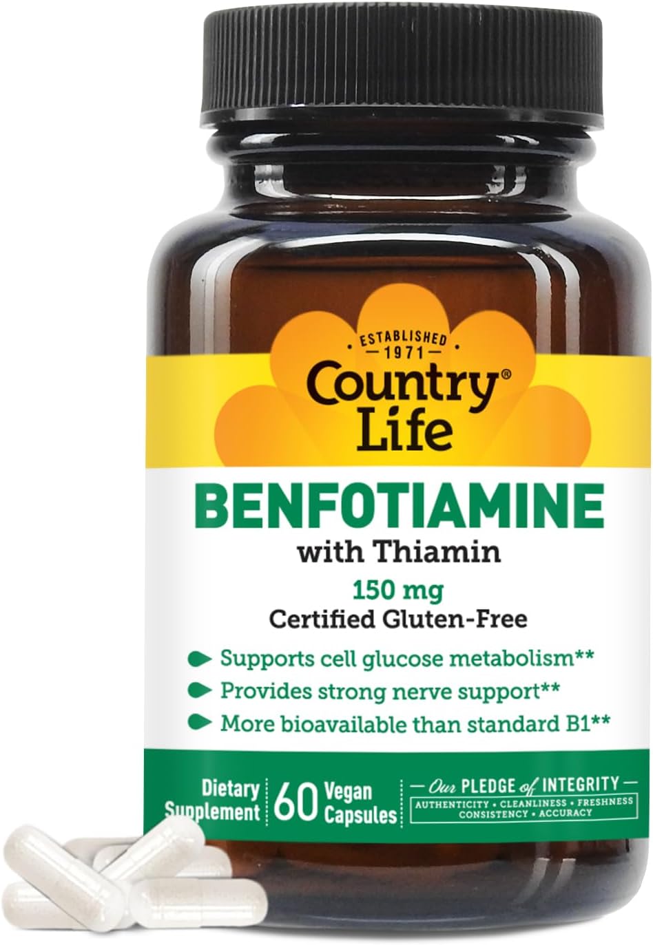 Country Life Benfotiamine with Thiamine, Nerve Health Support, 150mg, 60 Vegetarian Capsules, Certified Gluten-Free, Vegan