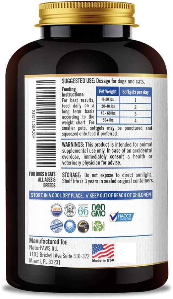 NaturPAWS Omega 3 para Perros y Gatos - 1000 mg de DHA y EPA - Apoya Piel, Pelaje, Articulaciones, Corazón y Sistema Inmunológico - 180 Cápsulas Blandas