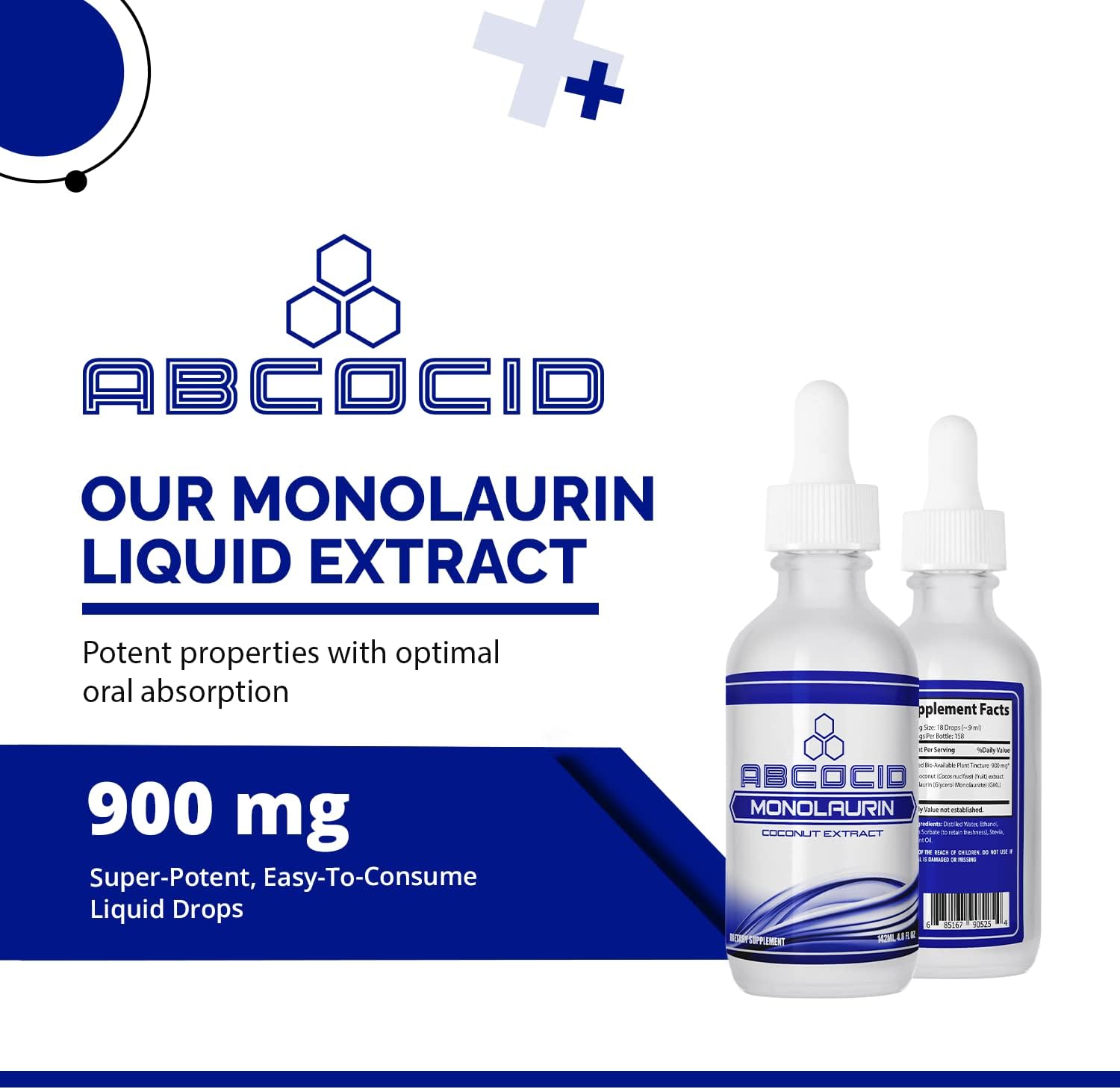 Monolaurin Extracto Líquido 900 mg, 4.8 oz (142 ml), 158 Dosis – No Transgénico, Sin Gluten, Probado por Terceros