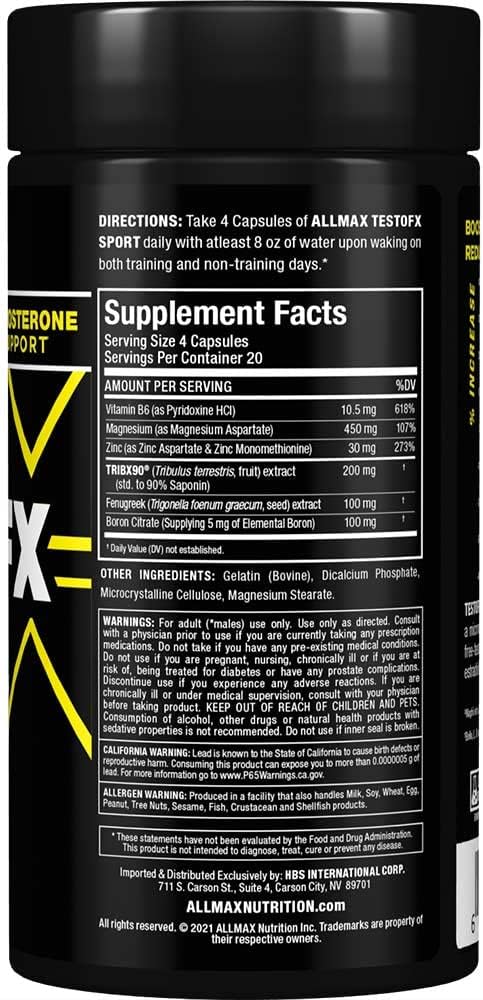 ALLMAX TESTOFX Sport - 80 Cápsulas - Fórmula de Apoyo a la Testosterona con Zinc, Vitamina B6 y Magnesio