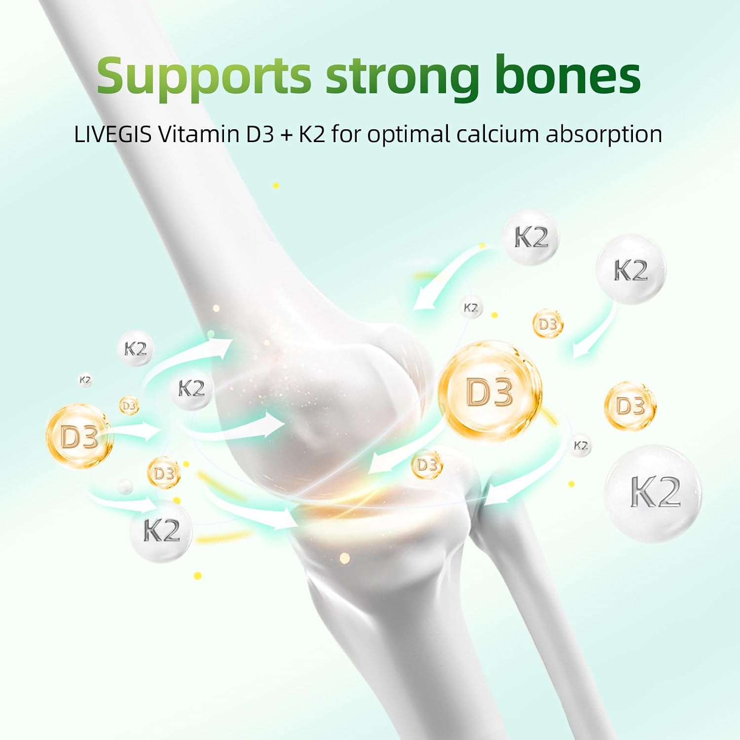 LIVEGIS Vitamina D3 K2 Softgels, D3 10000 UI con K2 (MK-7) 200 mcg, 90 cápsulas
