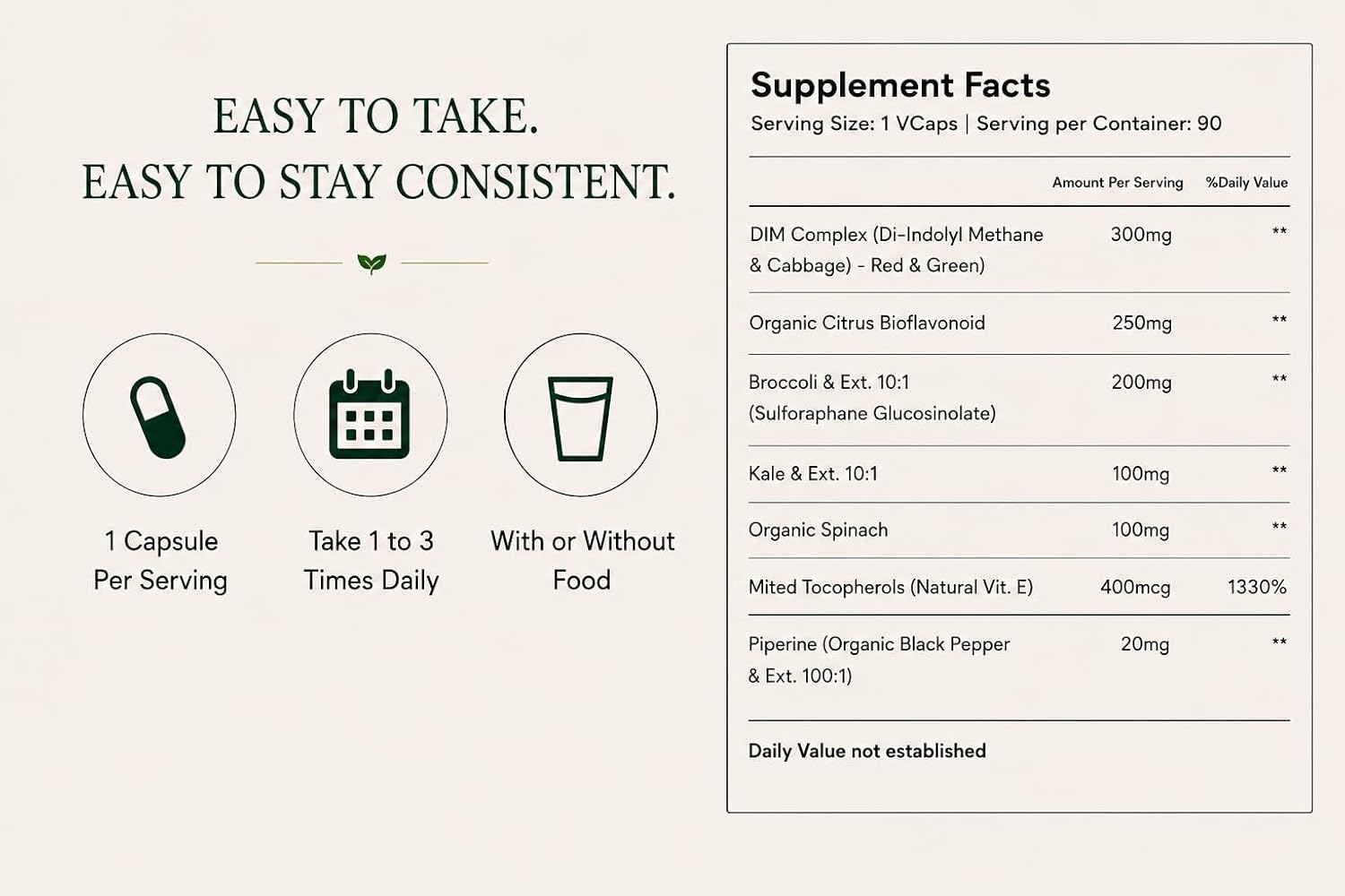 Green Organic Supplements DIM, Diindolylmethane, Indole-3-Carbinol, Brócoli, 90 Cápsulas Veganas, Alta Absorción, No-GMO, Sin Gluten