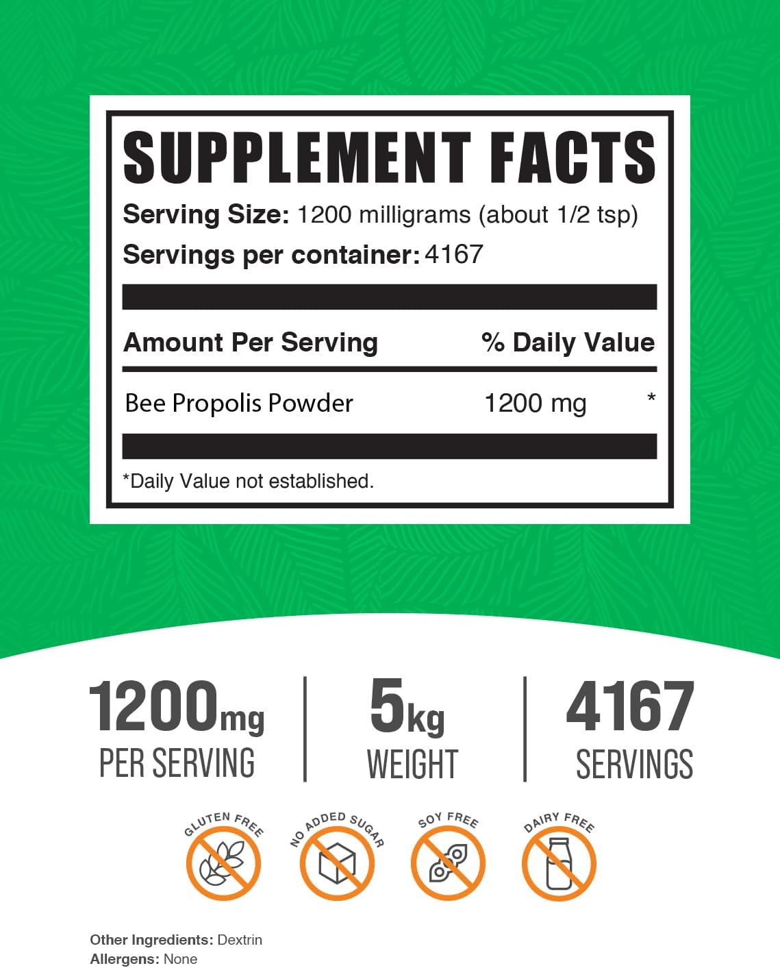 BulkSupplements Polvo de Propóleo de Abeja - Suplemento Natural, 1 kg (Paquete de 5)