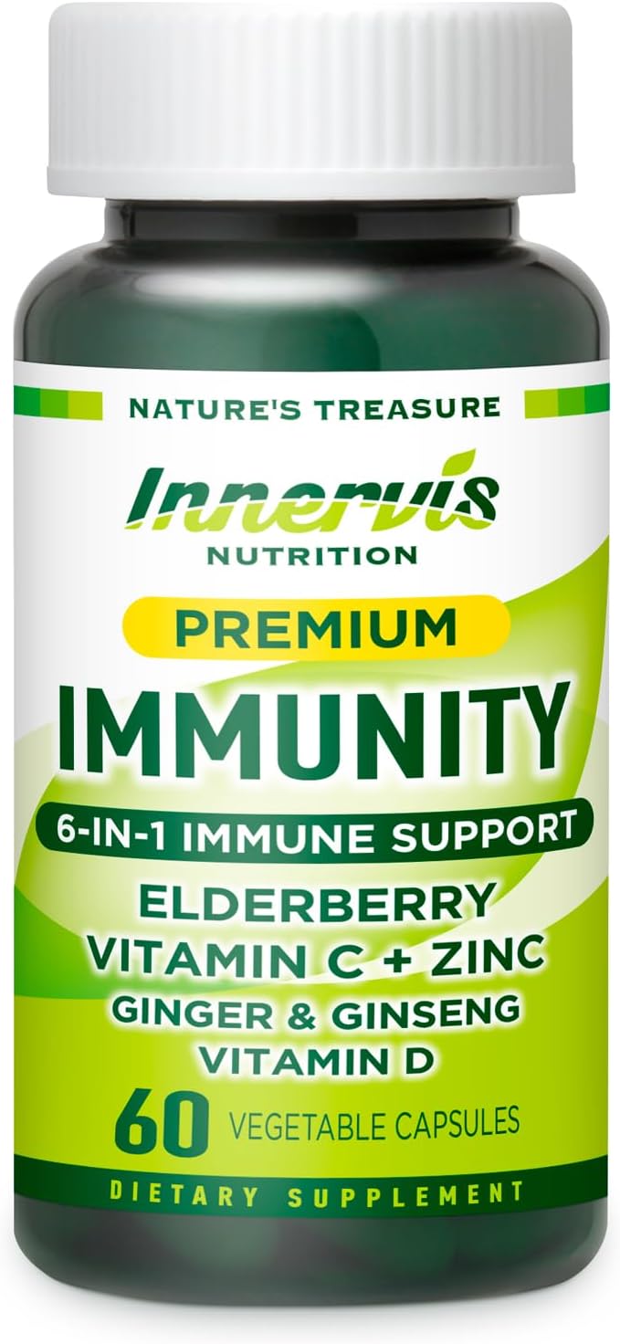 Immune Support 6-en-1 con Saúco, Jengibre, Ginseng Coreano, Vitamina C 500mg, D3 2500UI, Zinc | Cápsulas Veganas – 1 Mes de Suministro | Innervis Nutrition
