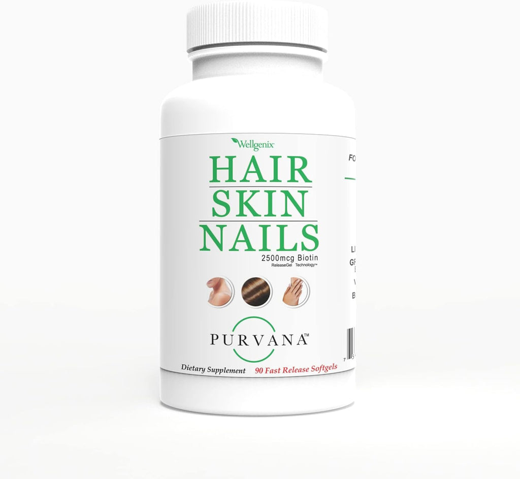 Wellgenix Purvana Suplemento para Cabello, Piel y Uñas, 2500mcg Biotina, MSM y Complejo B, 180 Cápsulas Blandas (2 Paquetes)
