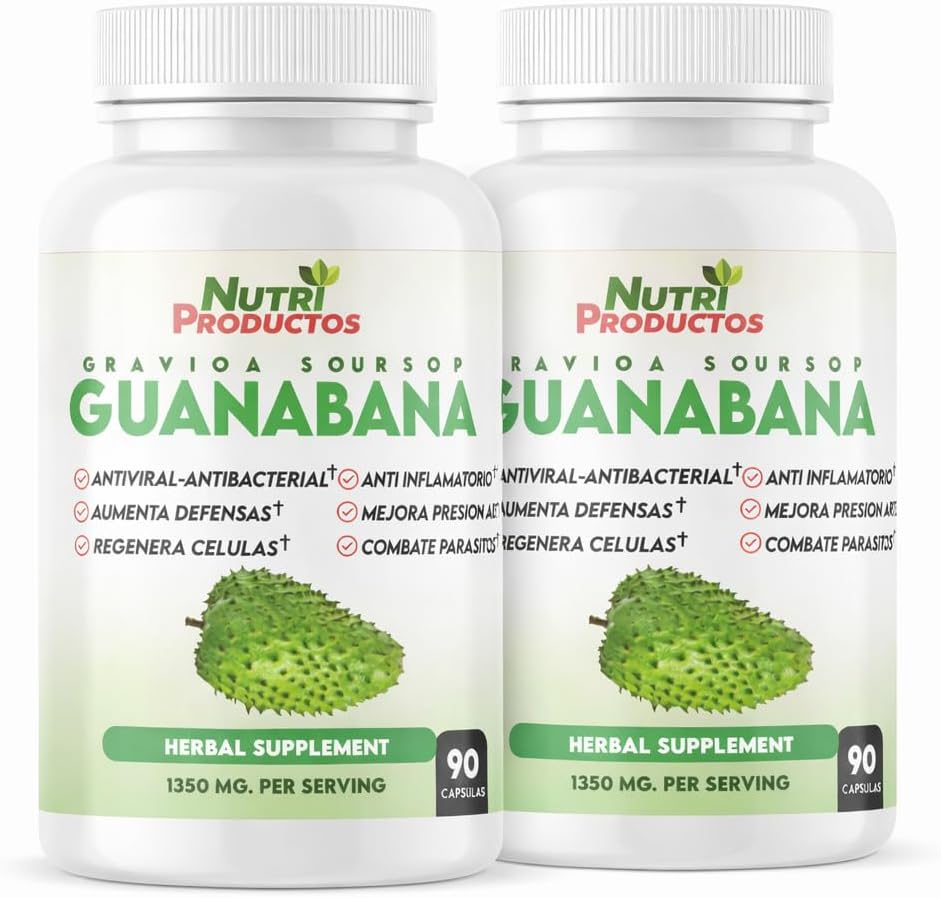 Nutrisalud Products Cápsulas de Guanábana Extra Potente 1350mg por ración. Set de 2 frascos con 90 cápsulas cada uno.