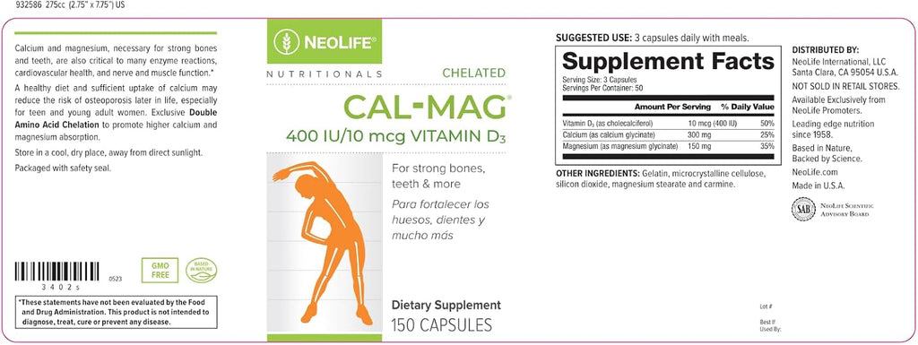 NeoLife – Cal-Mag Quelado con Vitamina D 400 UI | 150 Cápsulas Blandas