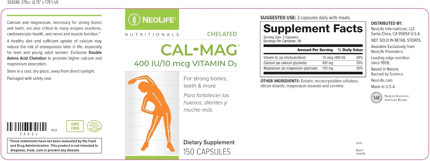 NeoLife – Cal-Mag Quelado con Vitamina D 400 UI | 150 Cápsulas Blandas