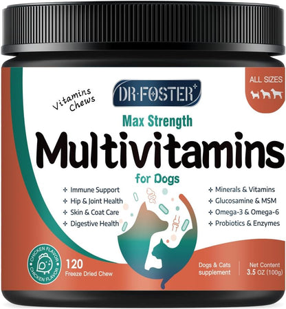 Multivitamínico para perros con glucosamina, omega 3, minerales, probióticos y enzimas - 120 masticables sabor pollo – Image 1