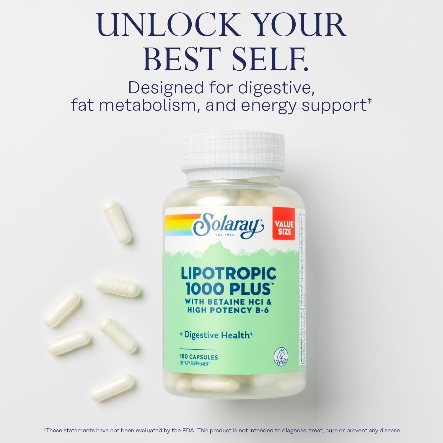SOLARAY Lipotropic 1000 Plus – Apoyo Digestivo, Energía y Metabolismo de Grasas, con Betaina HCl y Vitamina B-6, 180 Cápsulas