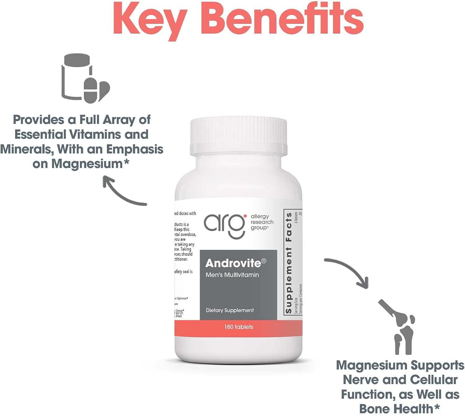 Optimox Androvite para Hombres - Suplemento de Magnesio 500mg, Multimineral y Multivitamínico con Vitamina C, Vitamina D3, Sin Calcio - 180 Comprimidos