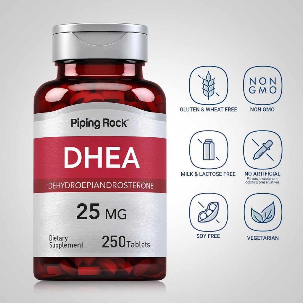 Piping Rock DHEA 25mg | 250 Comprimidos para Mujeres y Hombres | Suplemento de Dehidroepiandrosterona | No Transgénico, Sin Gluten