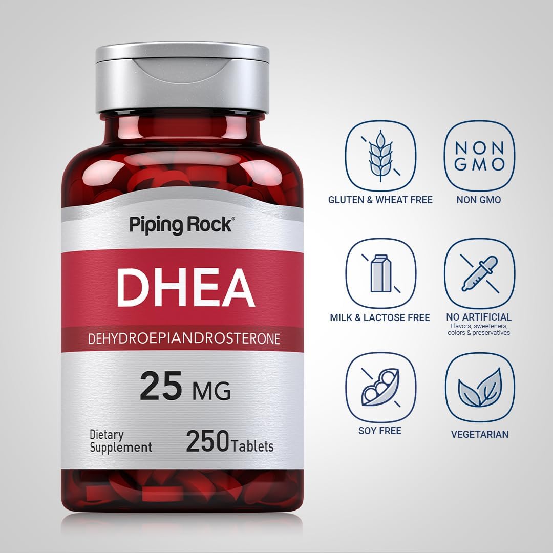 Piping Rock DHEA 25mg | 250 Comprimidos para Mujeres y Hombres | Suplemento de Dehidroepiandrosterona | No Transgénico, Sin Gluten