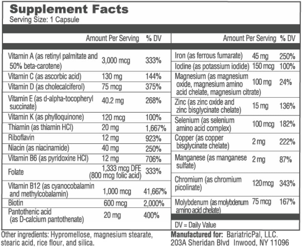 BariatricPal Multivitamin ONE - Multivitamínico Bariátrico con 45 mg de Hierro - 30 Cápsulas (1 Mes)