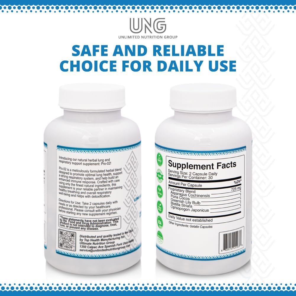UNG Pro-O2 Suplemento de Soporte Pulmonar y Respiratorio, 725 mg, 60 Cápsulas
