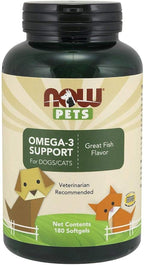 NOW Foods Pet Health Omega 3 Supplement, Formulated for Cats & Dogs, NASC Certified, 180 Softgels (2 Pack)