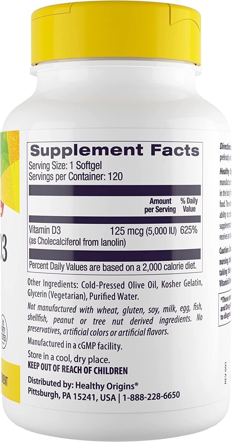 Healthy Origins Vitamina D3 5000 UI, 120 Softgels