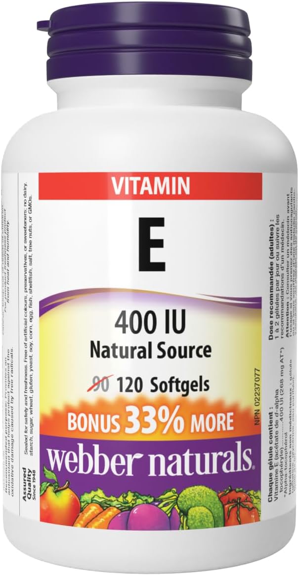 Webber Naturals Vitamina E Natural en Cápsulas Blandas, 400 UI, 120 Cápsulas