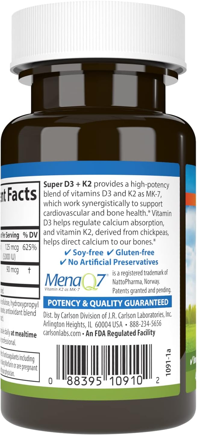 Carlson Super D3 + K2, 125 mcg (5000 UI) Vitamina D3, 90 mcg Vitamina K2 como MK-7, Soporte Óseo, Absorción de Calcio, 45 Cápsulas Vegetales