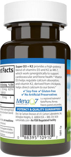 Carlson Super D3 + K2, 125 mcg (5000 UI) Vitamina D3, 90 mcg Vitamina K2 como MK-7, Soporte Óseo, Absorción de Calcio, 45 Cápsulas Vegetales