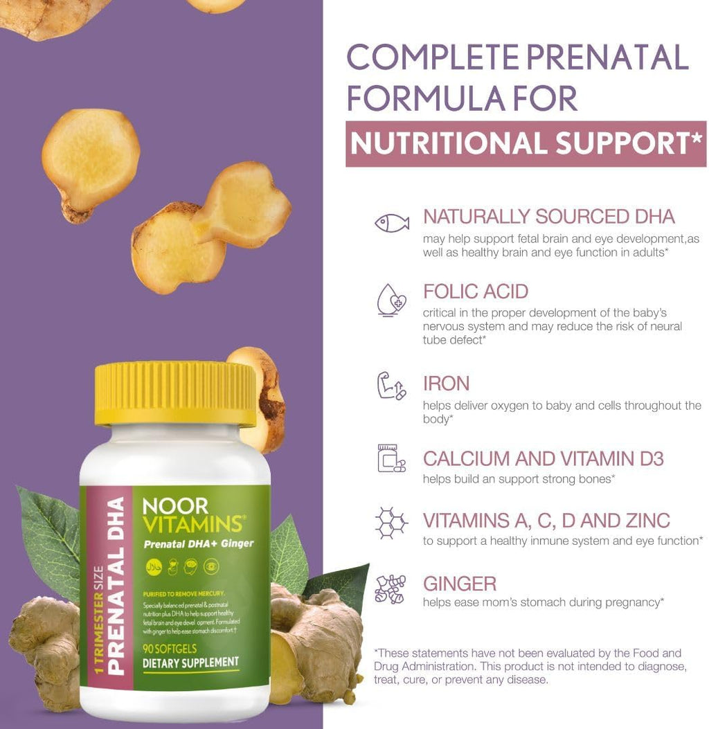 Noor Vitamins Vitaminas Prenatales Halal con DHA y Ácido Fólico, Jengibre, Hierro, 90 Cápsulas Blandas