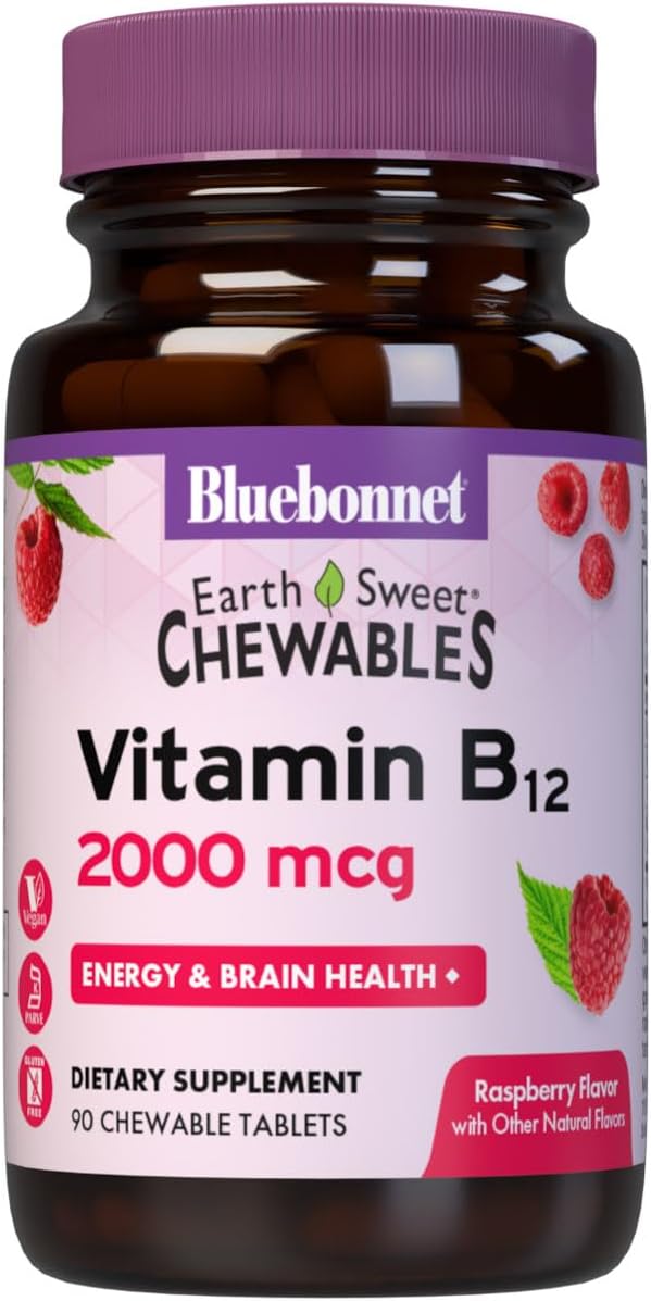 BlueBonnet Nutrition Earth Sweet Vitamina B12 5000 mcg Comprimidos Masticables, Sabor Frambuesa, 60 Comprimidos