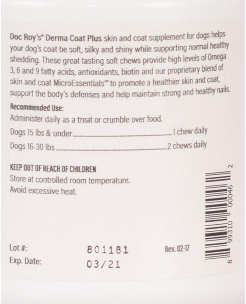 Doc Roy's Derma Coat Plus, Soft Chews with Omega 3-6-9 and Biotin for Dogs, 120 Count