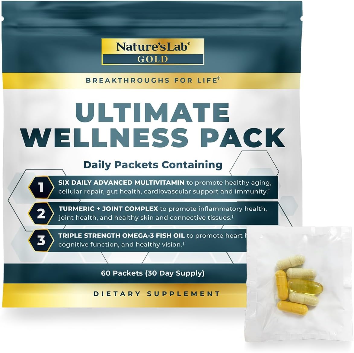 Nature's Lab Packs Diarios de Vitaminas para Hombres y Mujeres - Multivitamina + Omega 3 Triple Potencia + Cúrcuma para Articulaciones - Pack de Bienestar - 60 Sobres