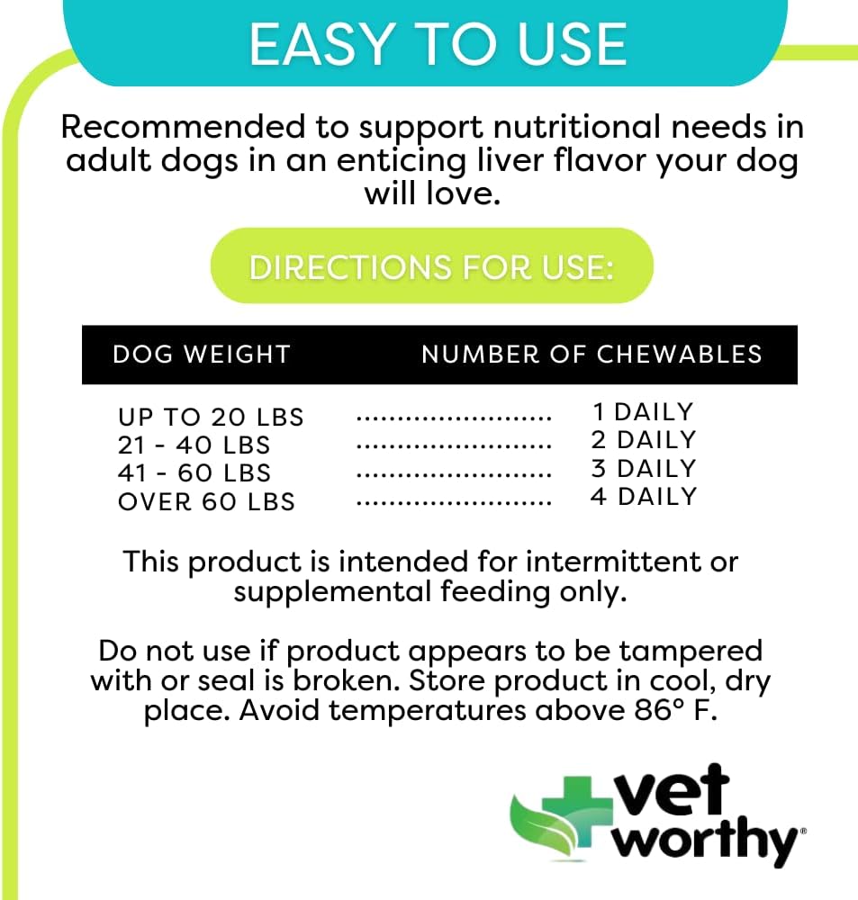 Vet Worthy Adult Multi Vitamins - Multivitamínico para Perros para Apoyar la Salud Óptima y el Bienestar General - Suplemento para Perros con Hierro, Magnesio, Zinc, Vitamina A, Vitaminas del Grupo B - Sabor a Hígado, 60 Comprimidos