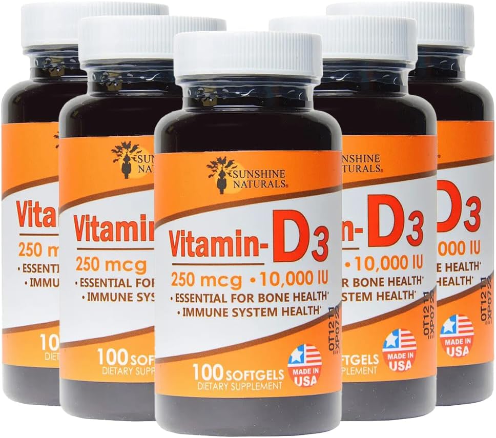 Sunshine Naturals Vitamina D3 10.000 UI (250 mcg) – 100 Cápsulas Blandas (Pack de 5)
