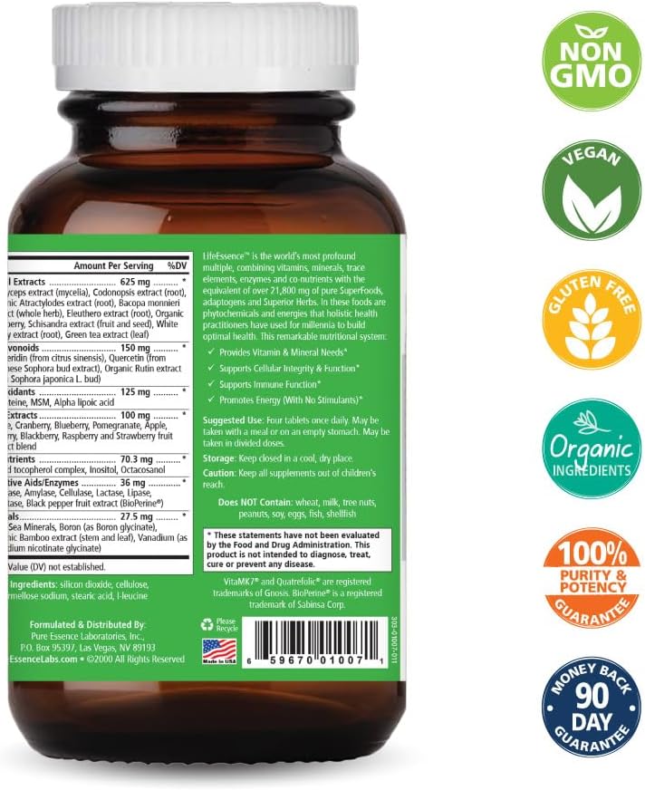 PURE ESSENCE LABS LifeEssence Multivitamin for Women and Men - Natural Herbal Supplement with Vitamin D, D3, B12, Biotin, and Whole Foods - 120 Tablets