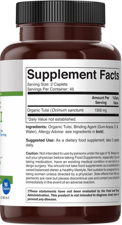 Organic Tulsi (Holy Basil) 1500mg, 90 Vegetarian Tablets – Image 4