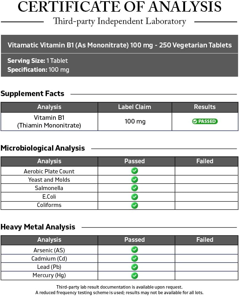 Vitamina B1 (Tiamina Mononitrato) 100 mg – 250 Comprimidos Vegetales