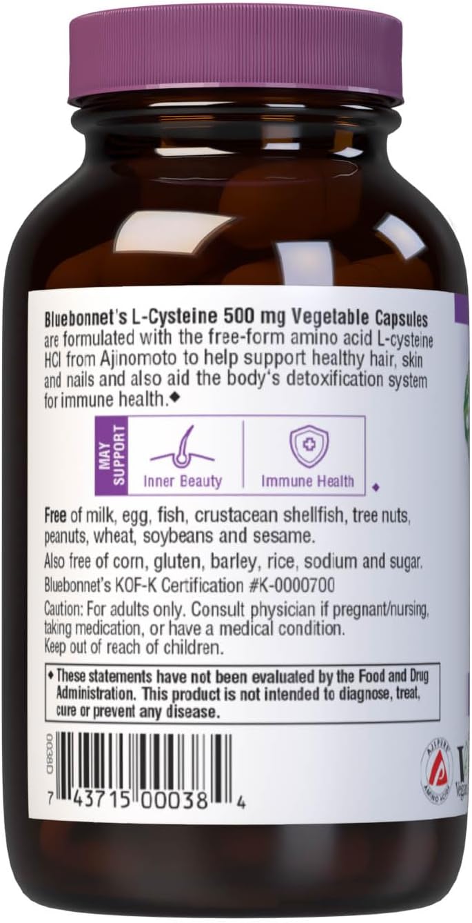 Bluebonnet Nutrition L-Cysteine 500mg – Free-Form Amino Acid, Soy-Free, Gluten-Free, Non-GMO, Vegan, 60 Vegetable Capsules