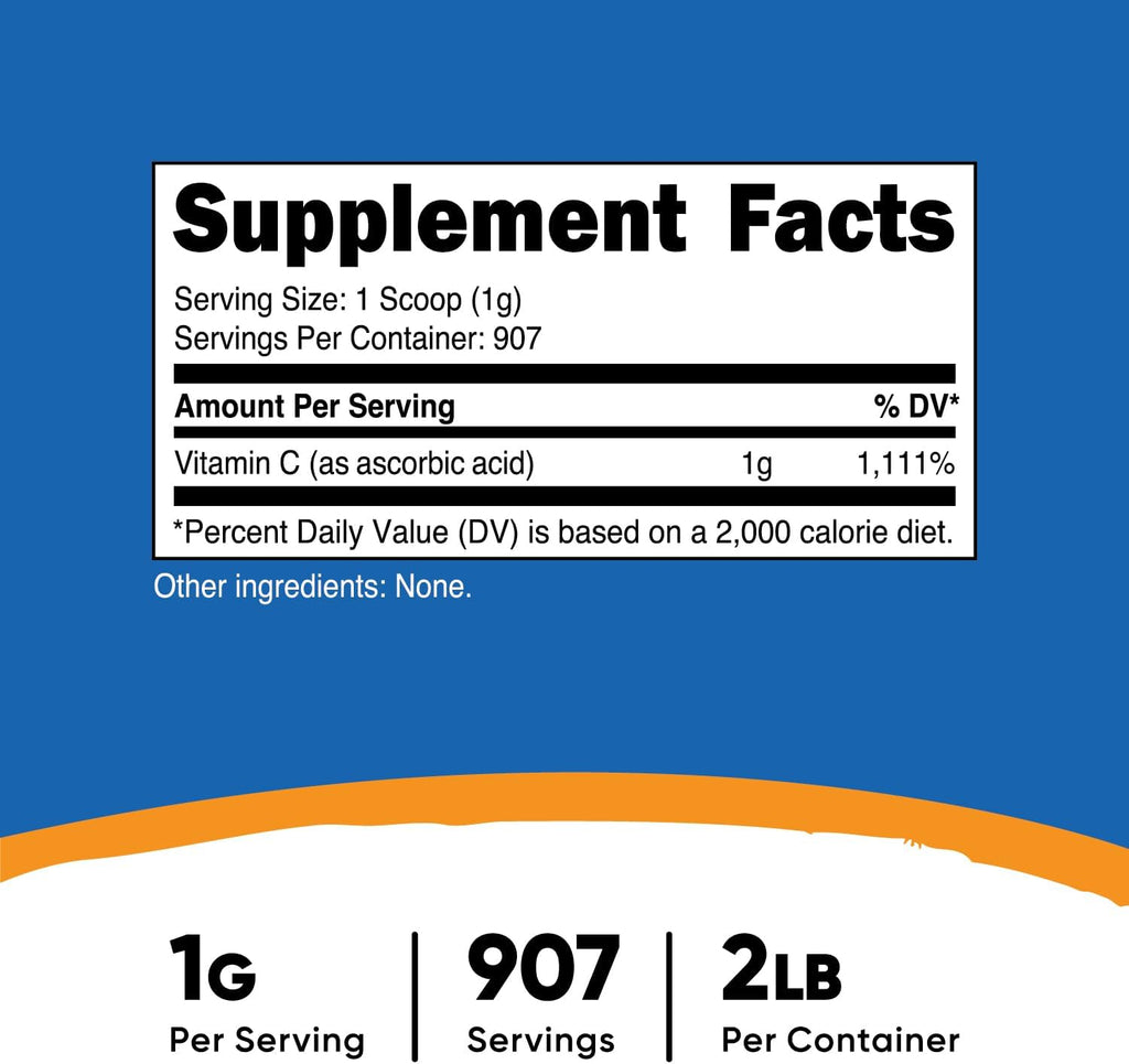 Nutricost Ácido Ascórbico en Polvo (Vitamina C) 2 LBS - Sin Gluten, No Transgénico