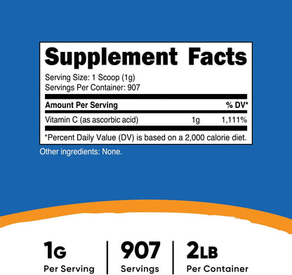Nutricost Ácido Ascórbico en Polvo (Vitamina C) 2 LBS - Sin Gluten, No Transgénico – Image 2